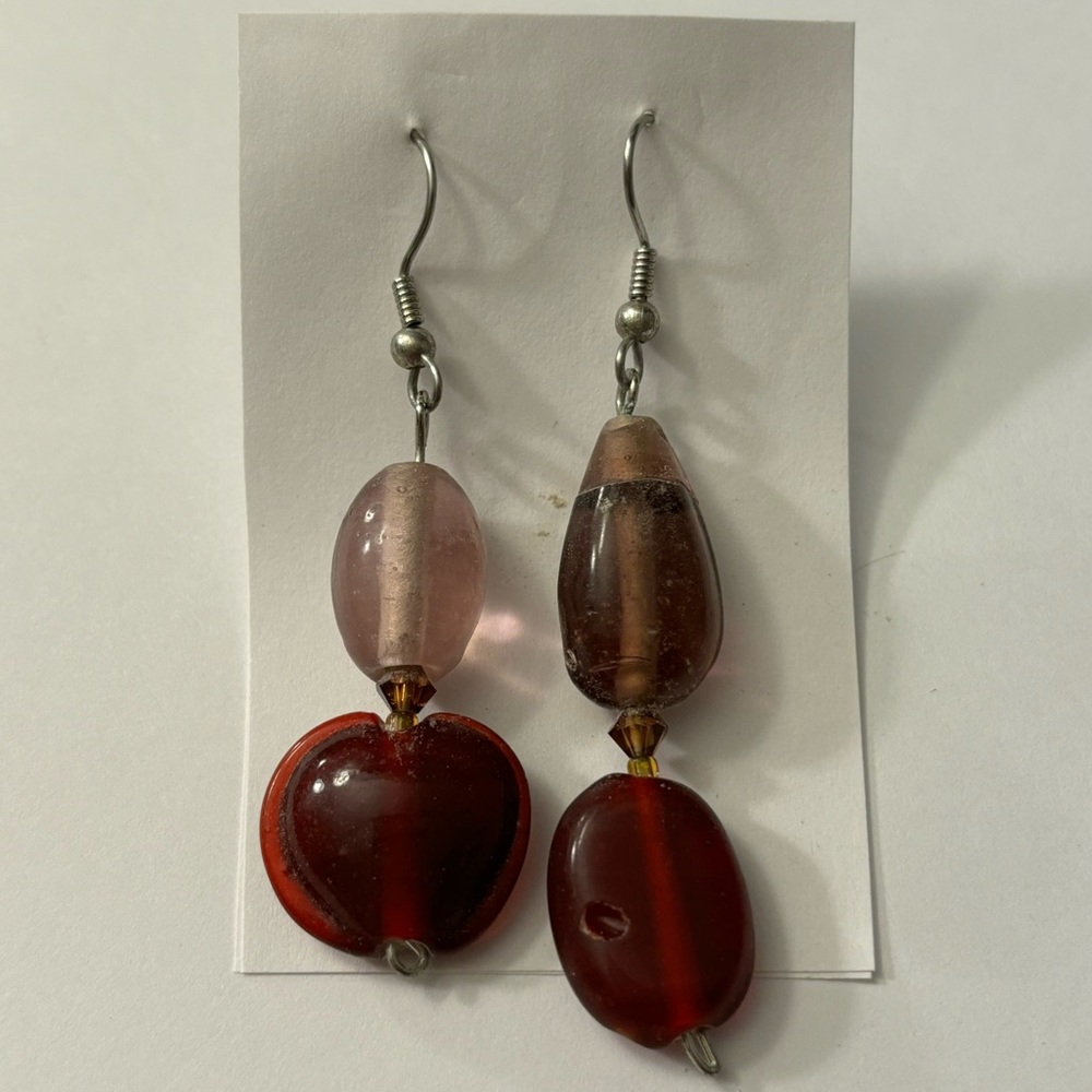Handmade Handcrafted Beaded Dangle Earrings - purple & red